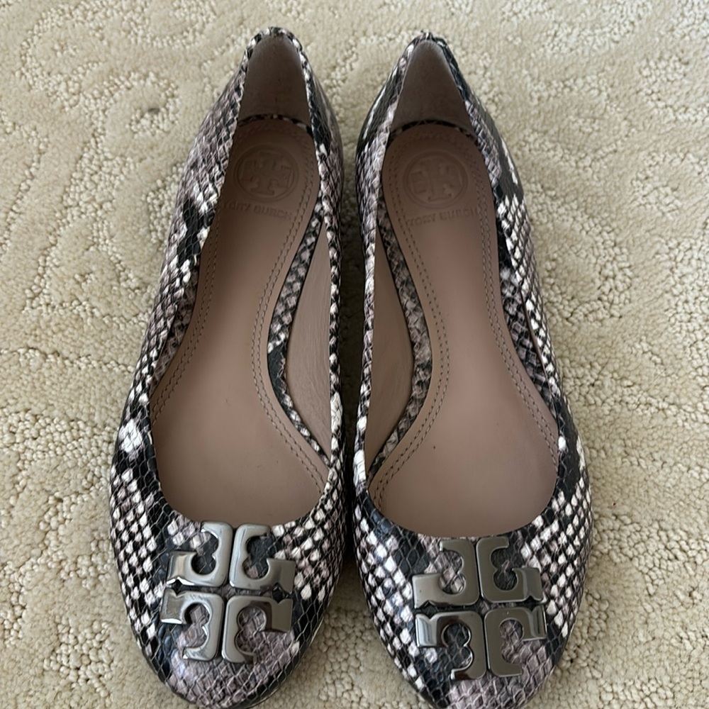 Tory Burch Snakeskin Flats with Silver Logo